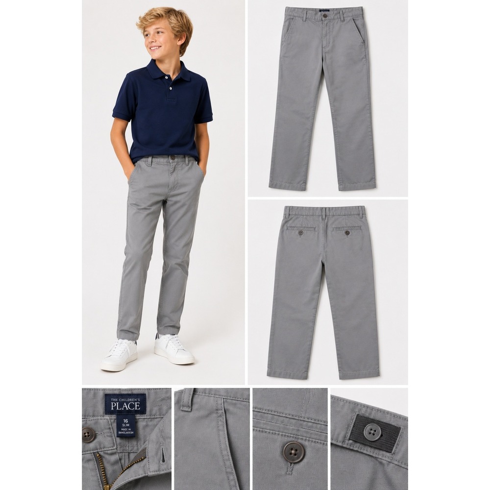 The Childrens Place‎ Boys 16 Gray Chino Pants Adjustable Waist Flat Front